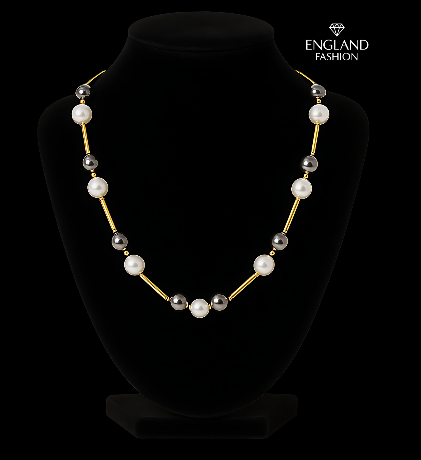 Royal Black & White Pearl Necklace with Gold Plated Tube Beads – Elegant Handmade Jewelry