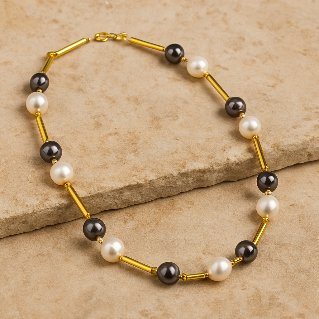 Royal Black & White Pearl Necklace with Gold Plated Tube Beads – Elegant Handmade Jewelry