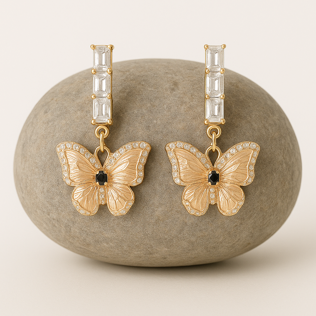 J-Elegant Butterfly Drop Earrings – Gold Plated with Crystal Detailing