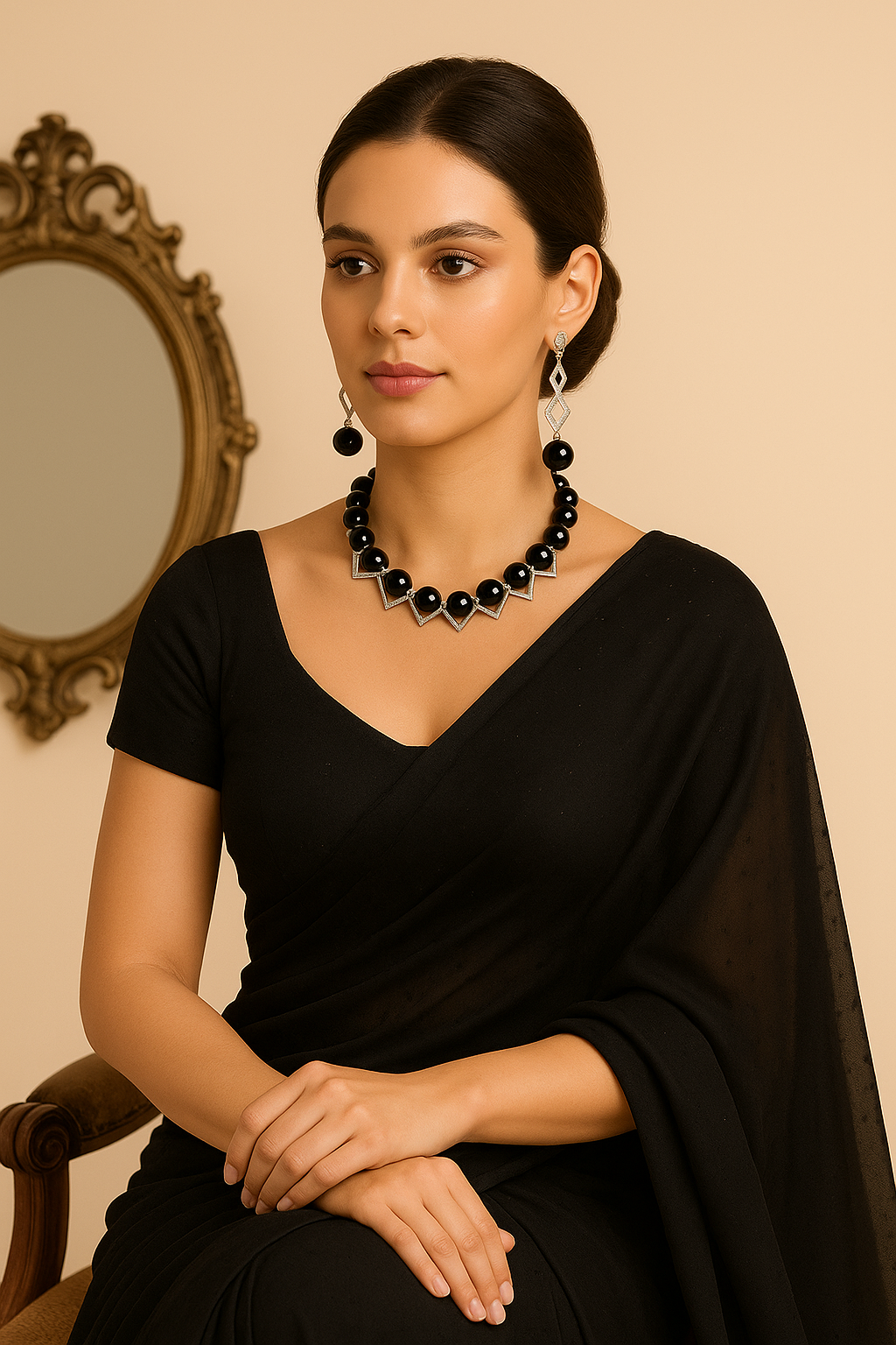 I-Black Glam Statement Necklace – Elegant Beaded Choker with Silver Accents