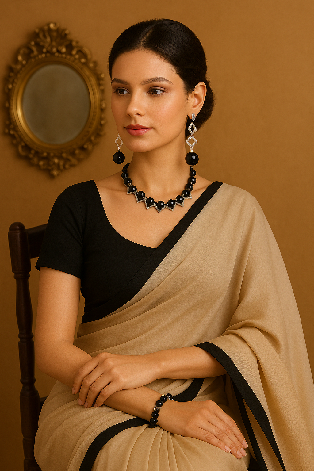 I-Black Glam Statement Necklace – Elegant Beaded Choker with Silver Accents