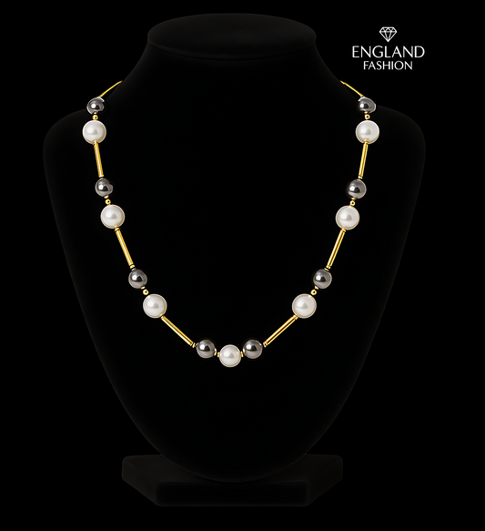 Royal Black & White Pearl Necklace with Gold Plated Tube Beads – Elegant Handmade Jewelry