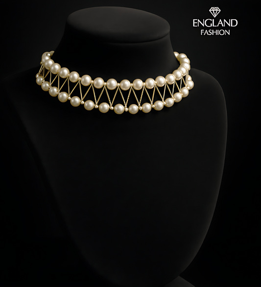 F-Elegant Golden Pearl Lattice Choker – Luxe Statement Jewelry