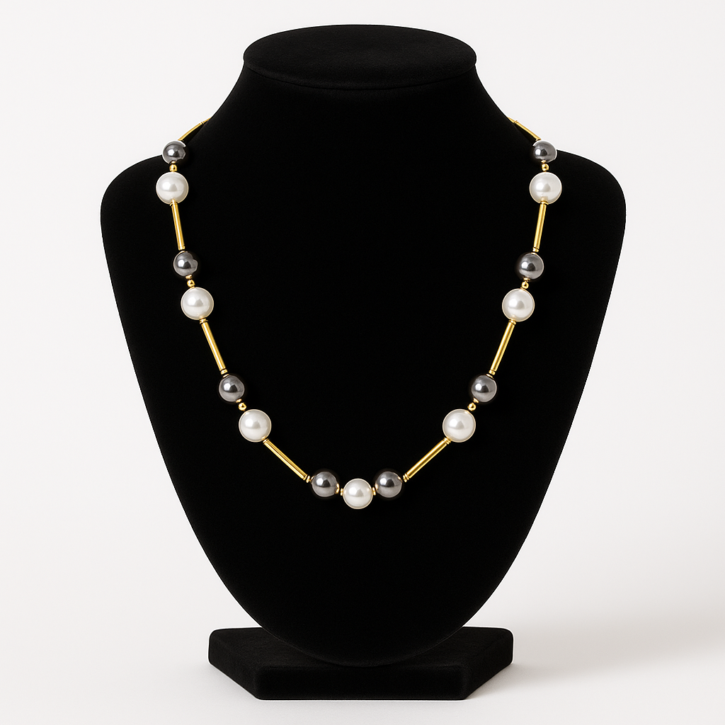 Royal Black & White Pearl Necklace with Gold Plated Tube Beads – Elegant Handmade Jewelry