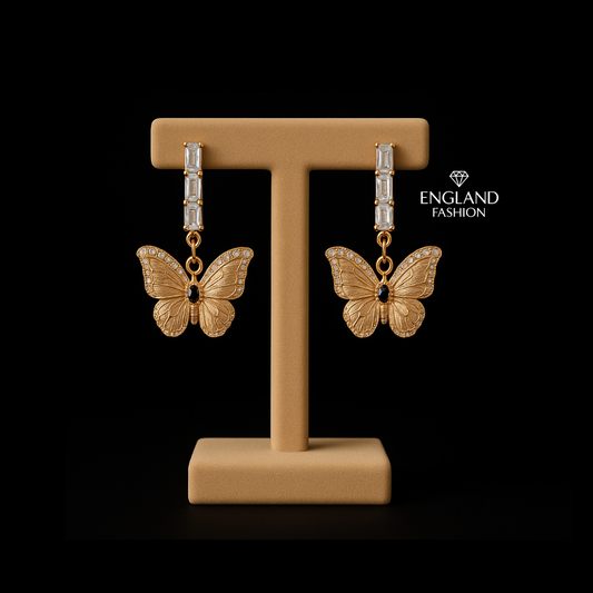 J-Elegant Butterfly Drop Earrings – Gold Plated with Crystal Detailing
